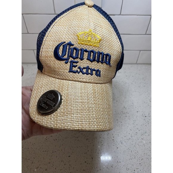 Corona Extra Straw Wicker Cap Hat w/Blue Mesh Snapback w/Bottle Opener (NEW) - Picture 1 of 8